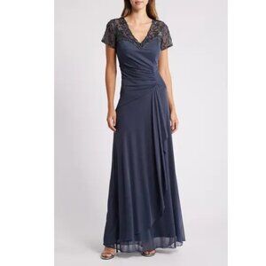 New Xcape Beaded Short Sleeve Ruched Evening Gown P4581